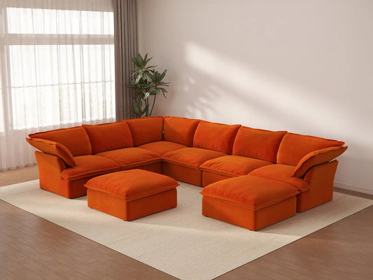 Deluxe Cloud Orange 6-Seater Sofa Set for Big Family | 8-Piece (includes 2 ottomans), Velvet Fabric, Storage Ottoman