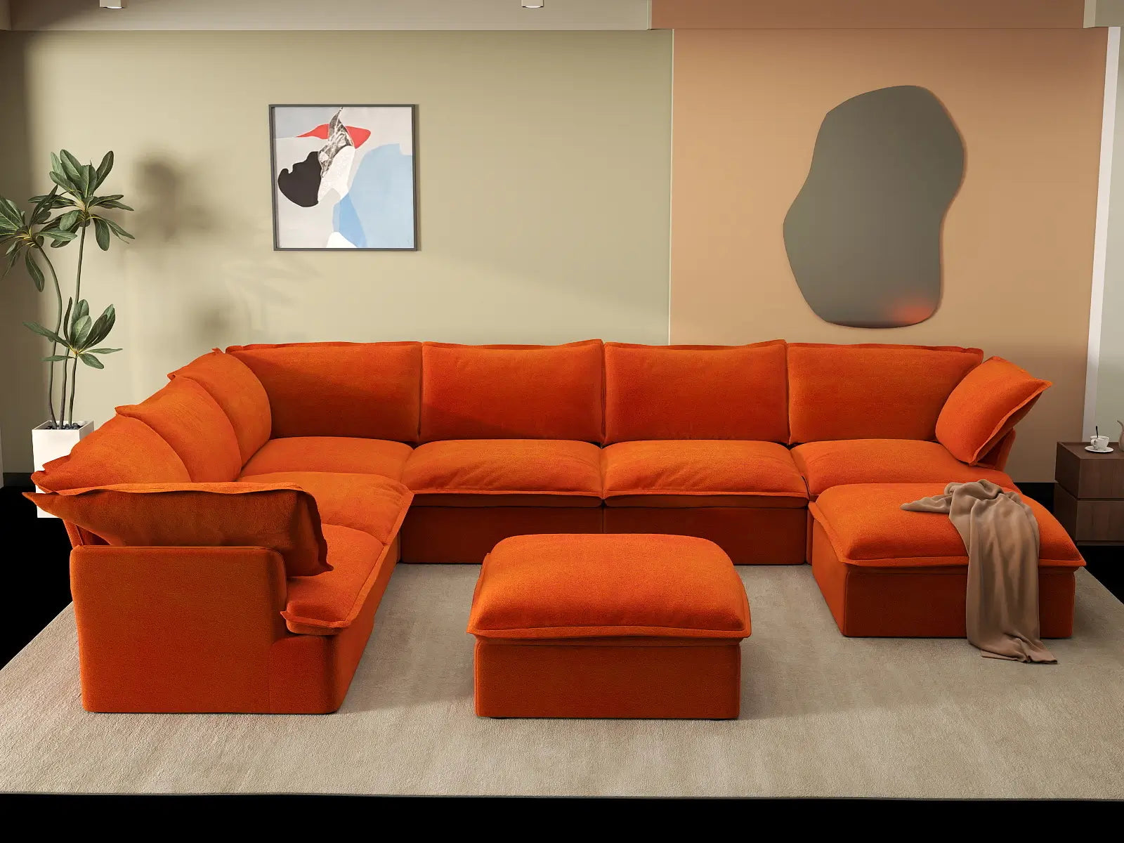 Deluxe Cloud Orange 6-Seater Sofa Set for Big Family | 8-Piece (includes 2 ottomans), Velvet Fabric, Storage Ottoman