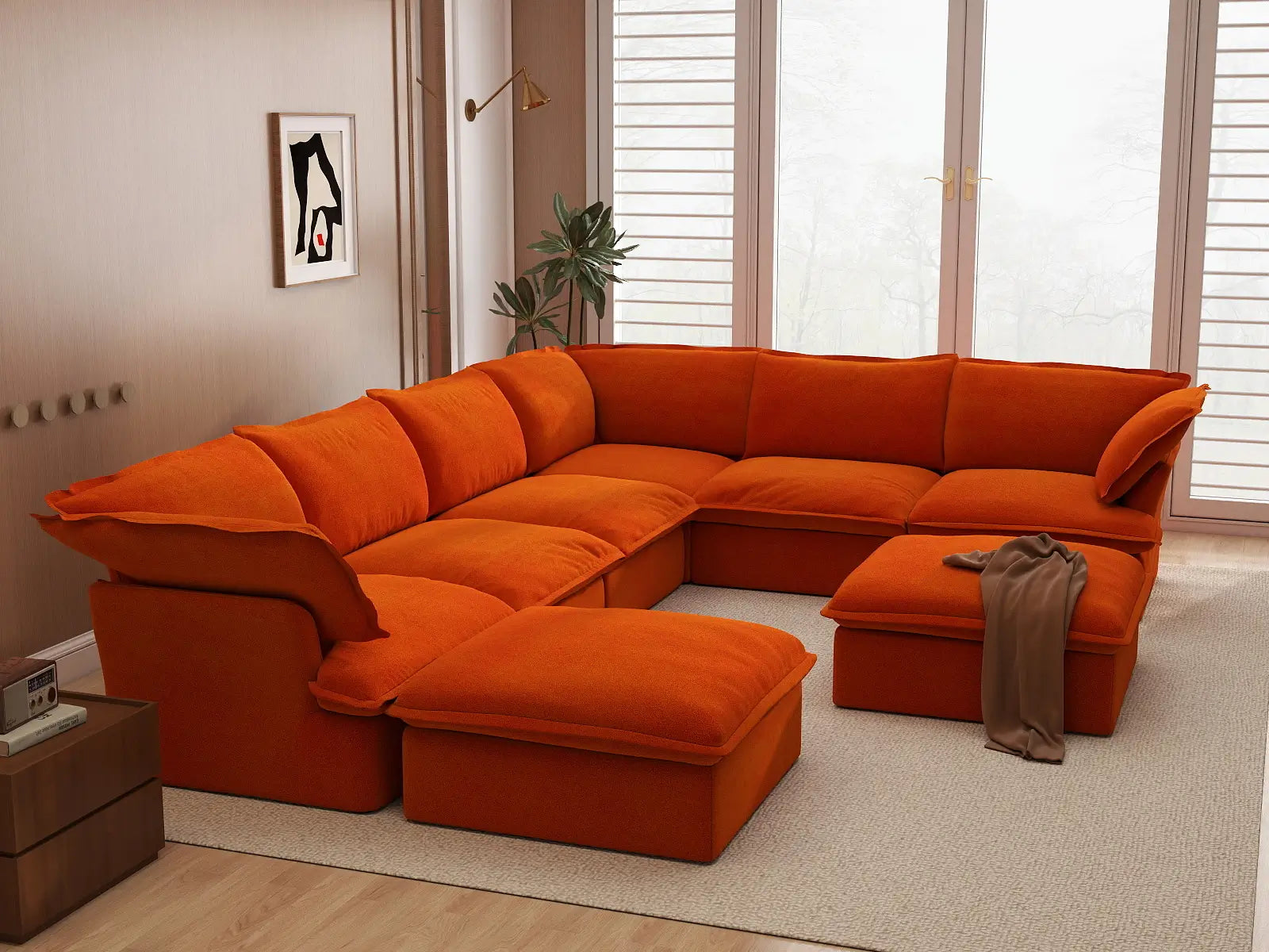 Deluxe Cloud Orange 6-Seater Sofa Set for Big Family | 8-Piece (includes 2 ottomans), Velvet Fabric, Storage Ottoman