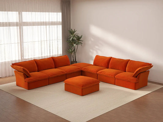 Deluxe Cloud Orange 6-Seater Sofa with Storage | 8-Piece (includes 2 ottomans), Velvet Fabric, Washable Covers