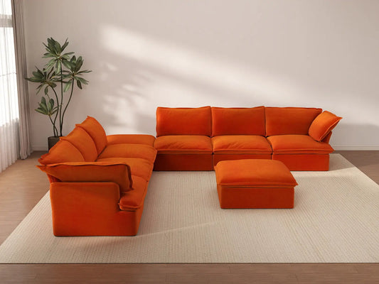 Deluxe Cloud Orange 6-Seater Sofa with Storage | 8-Piece (includes 2 ottomans), Velvet Fabric, Washable Covers