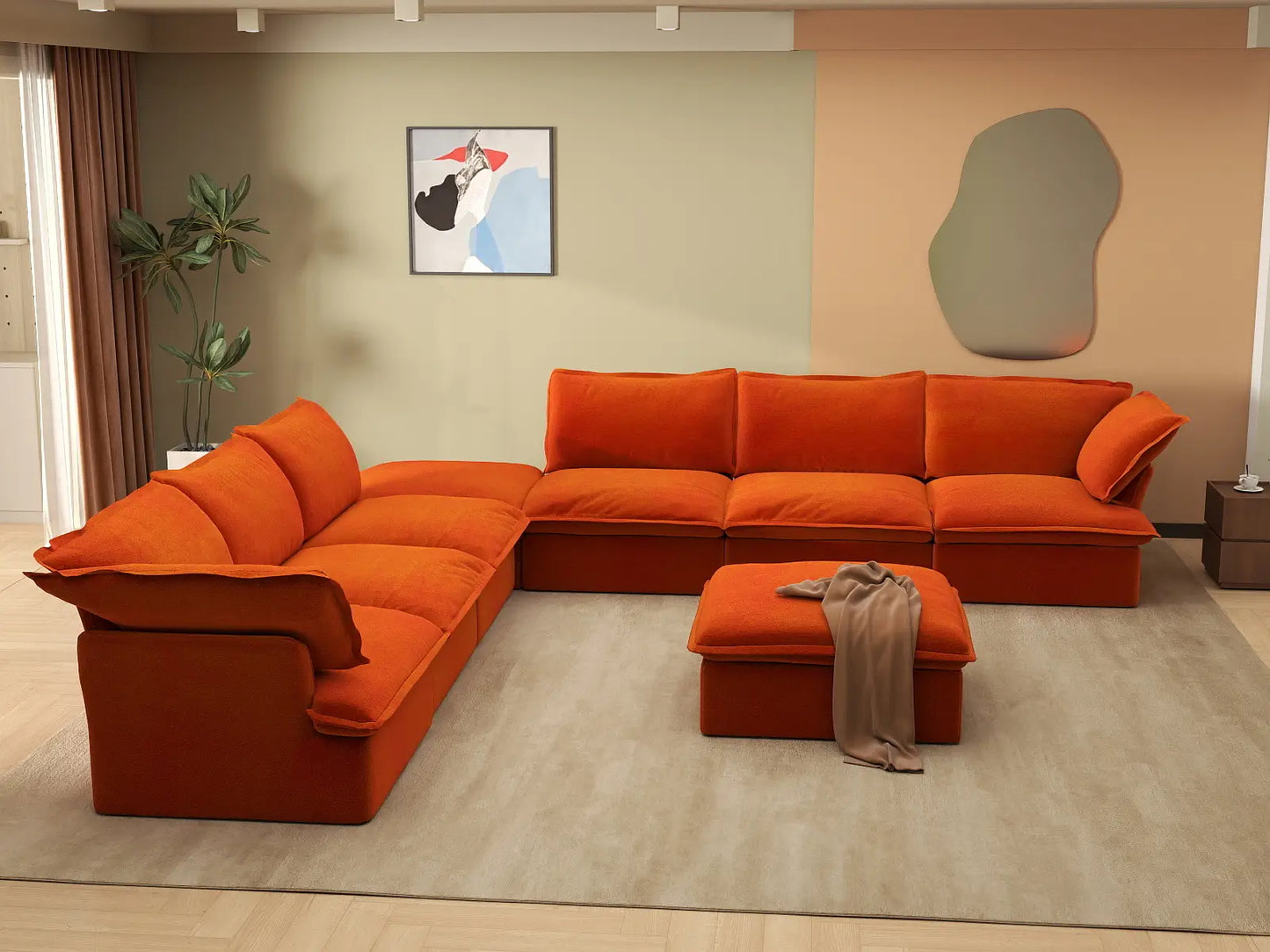 Sofá de 6 plazas Deluxe Cloud Naranja con Almacenamiento | 8 piezas (incluye 2 otomanas), Tela de Terciopelo, Fundas Lavables
