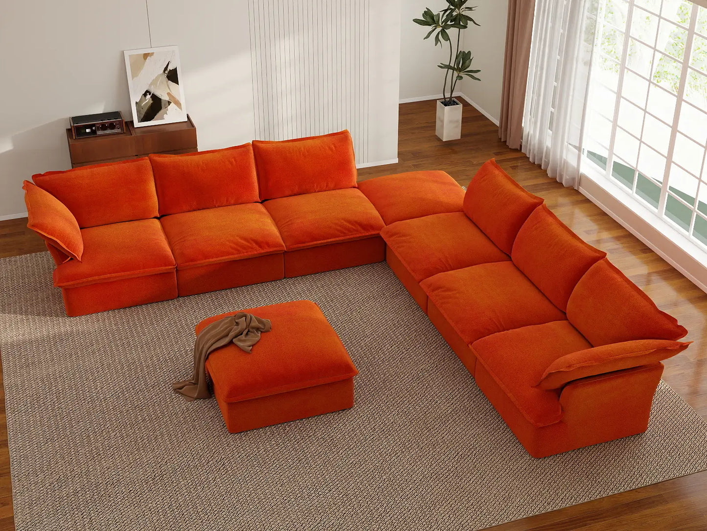 Sofá de 6 plazas Deluxe Cloud Naranja con Almacenamiento | 8 piezas (incluye 2 otomanas), Tela de Terciopelo, Fundas Lavables