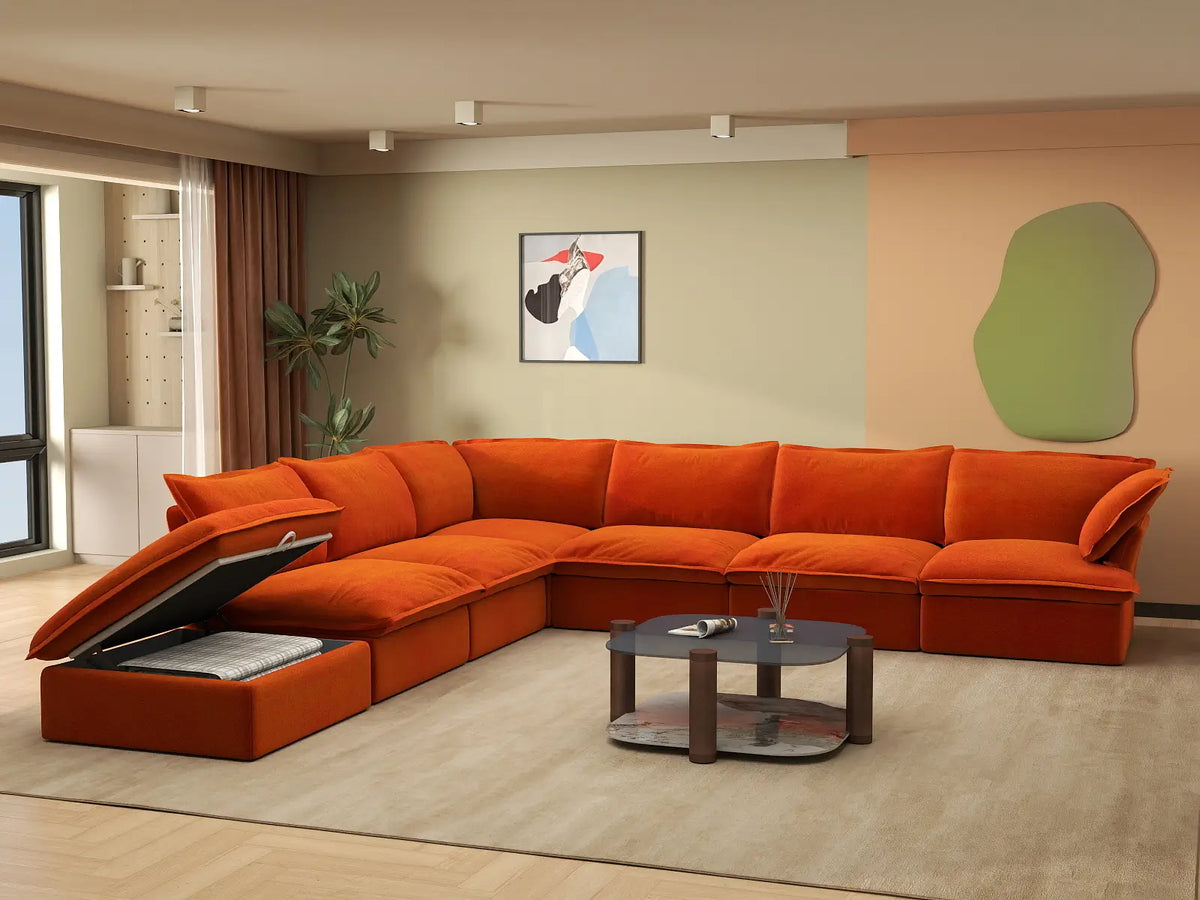 Deluxe Cloud Orange 6-Seater V-Shaped Sofa with Storage | 7-Piece (includes 1 ottoman), Velvet Fabric, Washable Covers
