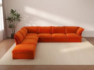 Deluxe Cloud Orange 6-Seater V-Shaped Sofa with Storage | 7-Piece (includes 1 ottoman), Velvet Fabric, Washable Covers