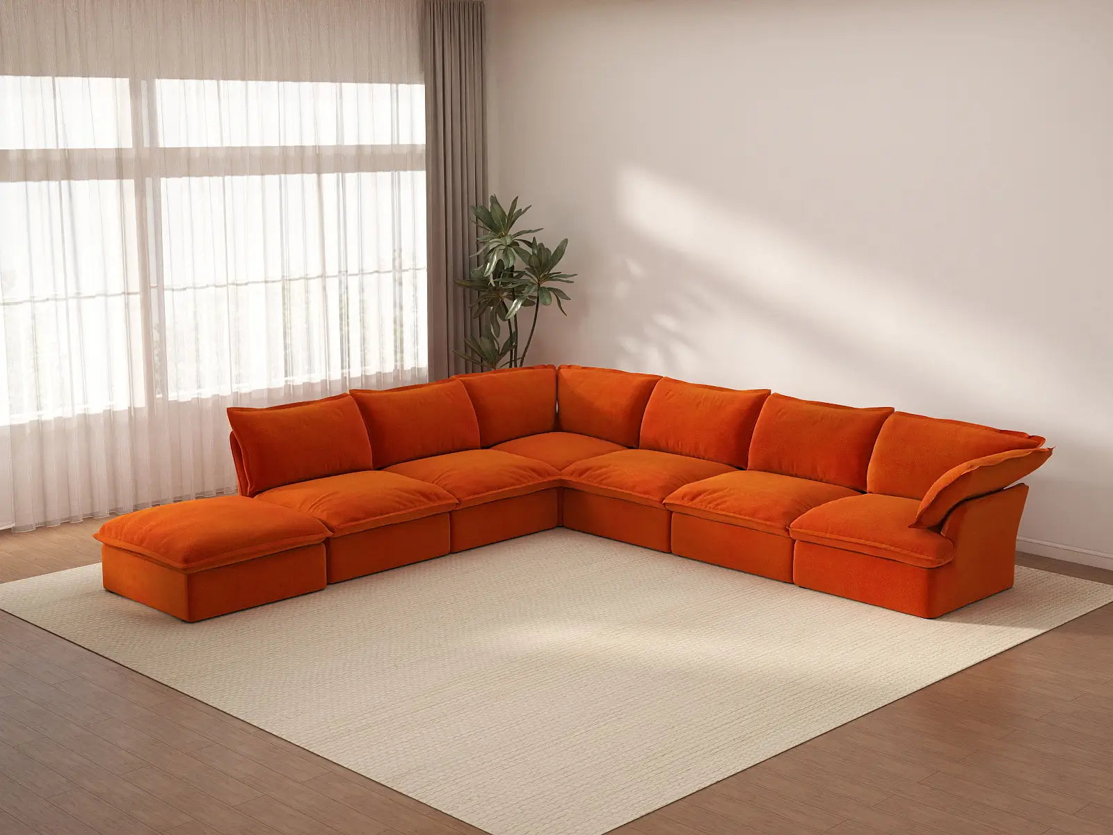 Deluxe Cloud Orange 6-Seater V-Shaped Sofa with Storage | 7-Piece (includes 1 ottoman), Velvet Fabric, Washable Covers