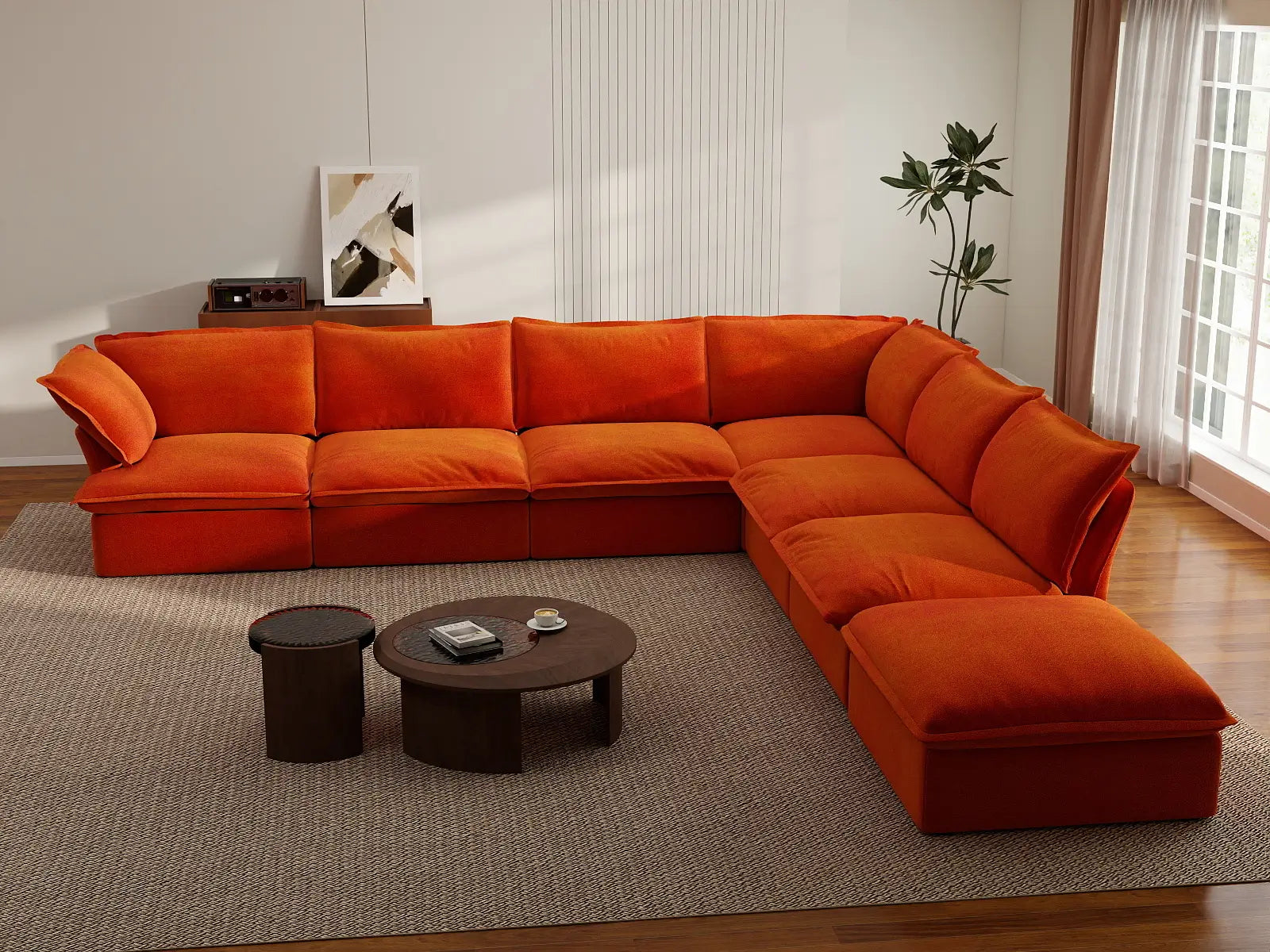 Deluxe Cloud Orange 6-Seater V-Shaped Sofa with Storage | 7-Piece (includes 1 ottoman), Velvet Fabric, Washable Covers