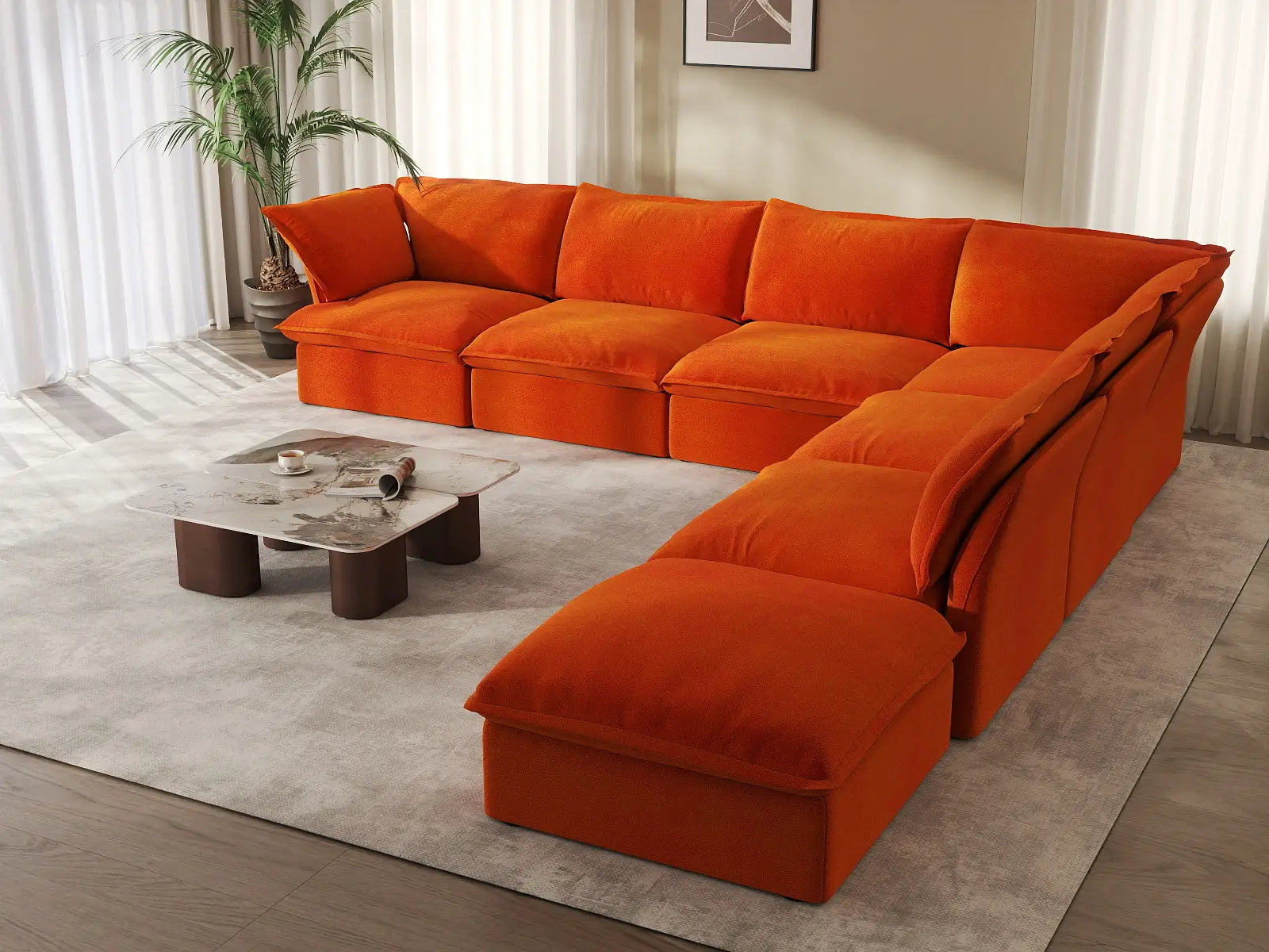 Deluxe Cloud Orange 6-Seater V-Shaped Sofa with Storage | 7-Piece (includes 1 ottoman), Velvet Fabric, Washable Covers