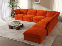 Sofá de 6 plazas en forma de V Deluxe Cloud Naranja con almacenamiento | 7 piezas (incluye 1 otomana), tejido de terciopelo, fundas lavables
