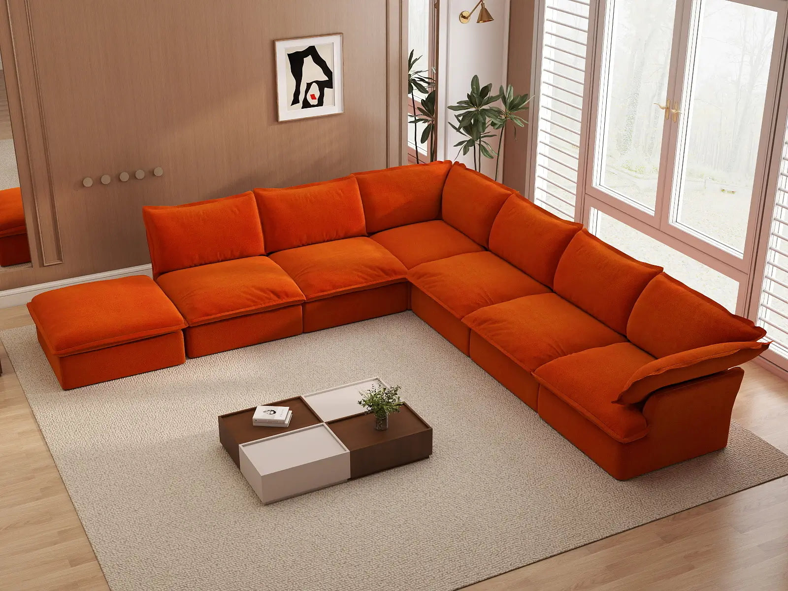 Deluxe Cloud Orange 6-Seater V-Shaped Sofa with Storage | 7-Piece (includes 1 ottoman), Velvet Fabric, Washable Covers
