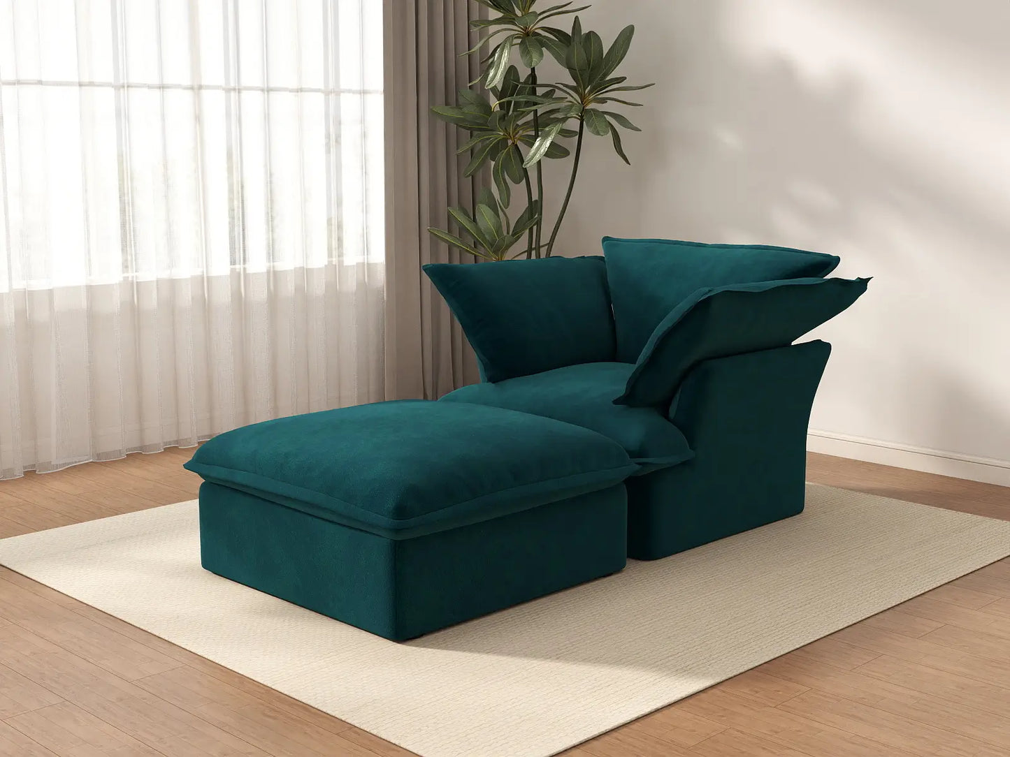 Sofá individual de una plaza Deluxe Cloud Turquesa | 2 piezas (incluye 1 otomana), tela de terciopelo, otomana de almacenamiento