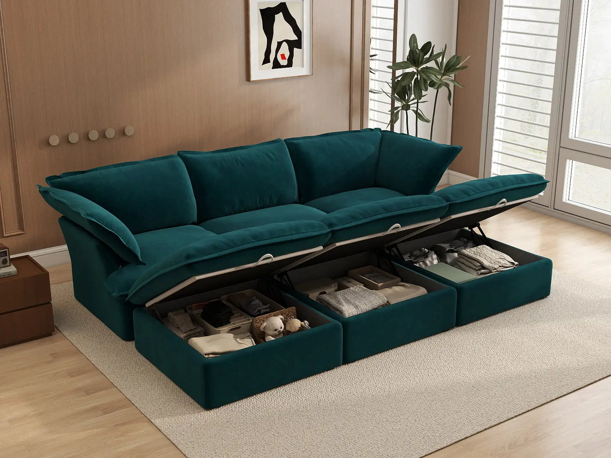 Seccional Pit de 3 plazas Deluxe Cloud Turquesa | 6 piezas (incluye 3 pufs), tapizado en tela de terciopelo, puf con almacenamiento