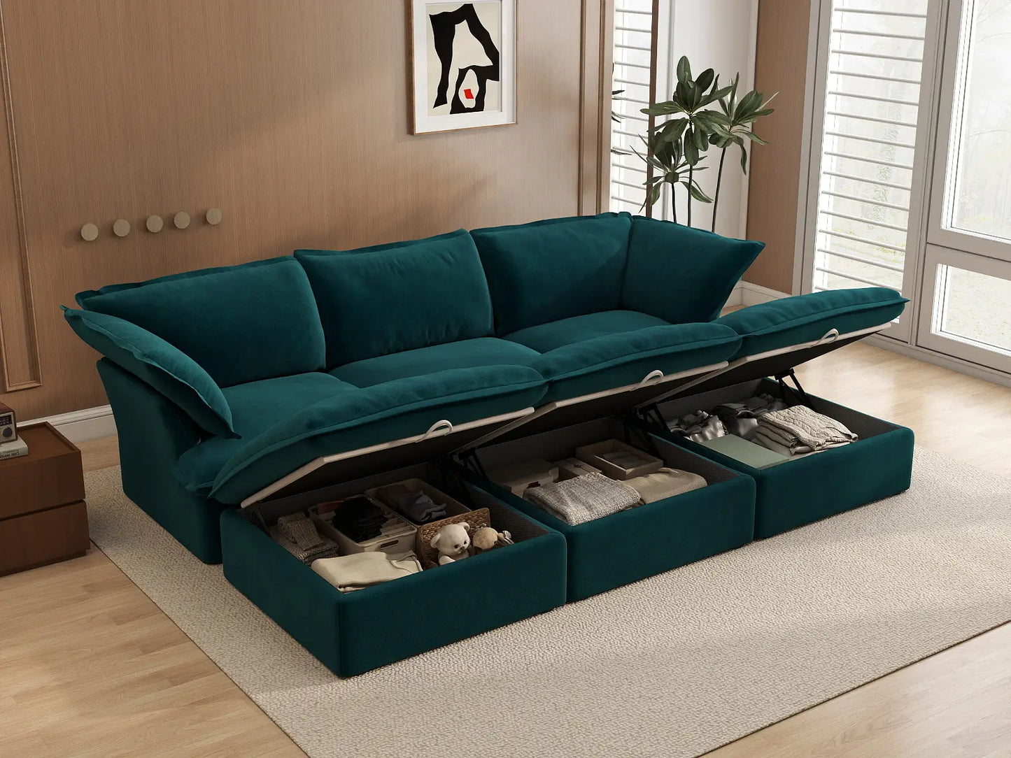 Seccional Pit de 3 plazas Deluxe Cloud Turquesa | 6 piezas (incluye 3 pufs), tapizado en tela de terciopelo, puf con almacenamiento