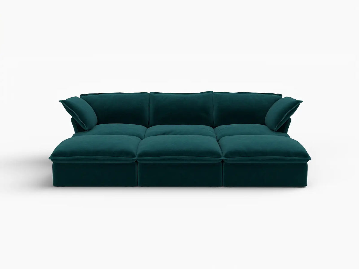 Seccional Pit de 3 plazas Deluxe Cloud Turquesa | 6 piezas (incluye 3 pufs), tapizado en tela de terciopelo, puf con almacenamiento