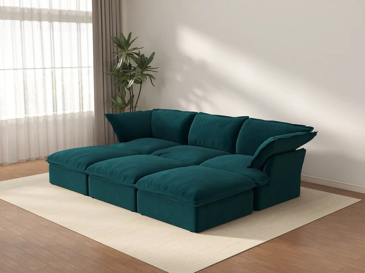 Seccional Pit de 3 plazas Deluxe Cloud Turquesa | 6 piezas (incluye 3 pufs), tapizado en tela de terciopelo, puf con almacenamiento