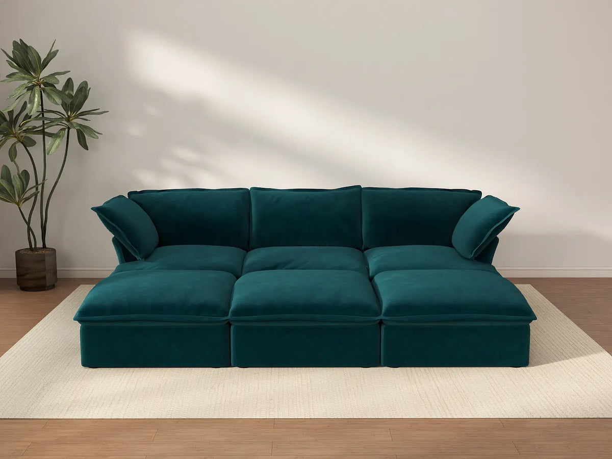 Seccional Pit de 3 plazas Deluxe Cloud Turquesa | 6 piezas (incluye 3 pufs), tapizado en tela de terciopelo, puf con almacenamiento