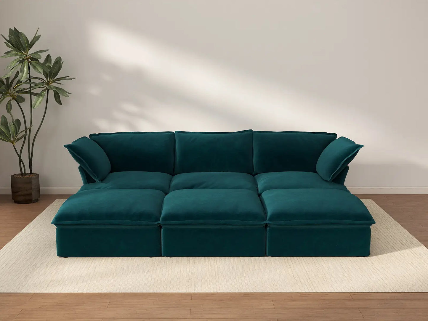 Seccional Pit de 3 plazas Deluxe Cloud Turquesa | 6 piezas (incluye 3 pufs), tapizado en tela de terciopelo, puf con almacenamiento