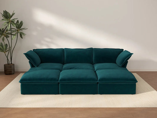 Deluxe Cloud Turquoise 3-Seater Pit Sectional | 6-Piece (includes 3 ottomans), Velvet Fabric, Storage Ottoman