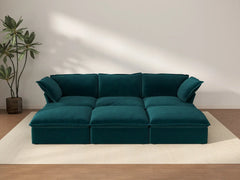 Seccional Pit de 3 plazas Deluxe Cloud Turquesa | 6 piezas (incluye 3 pufs), tapizado en tela de terciopelo, puf con almacenamiento