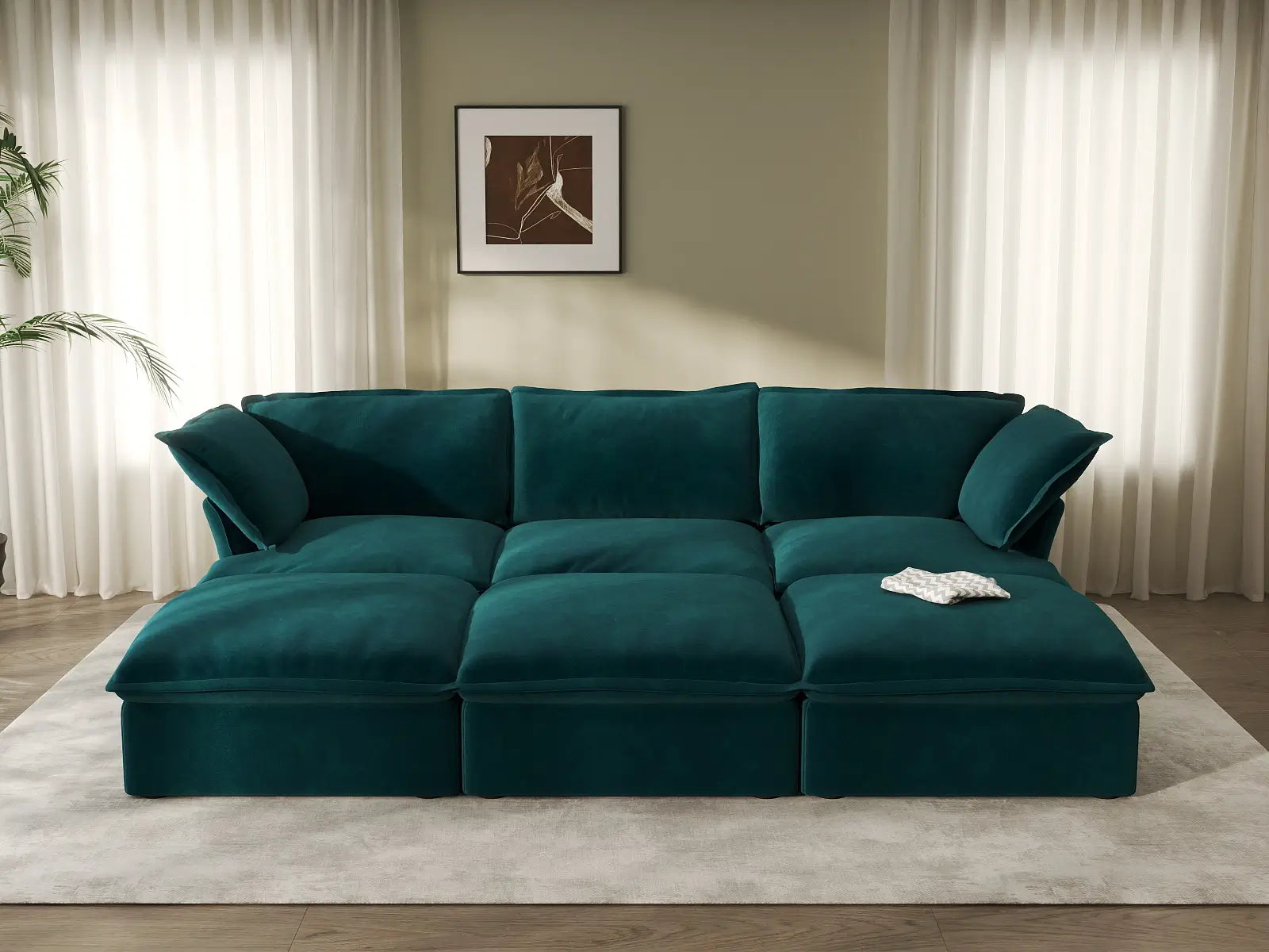 Seccional Pit de 3 plazas Deluxe Cloud Turquesa | 6 piezas (incluye 3 pufs), tapizado en tela de terciopelo, puf con almacenamiento