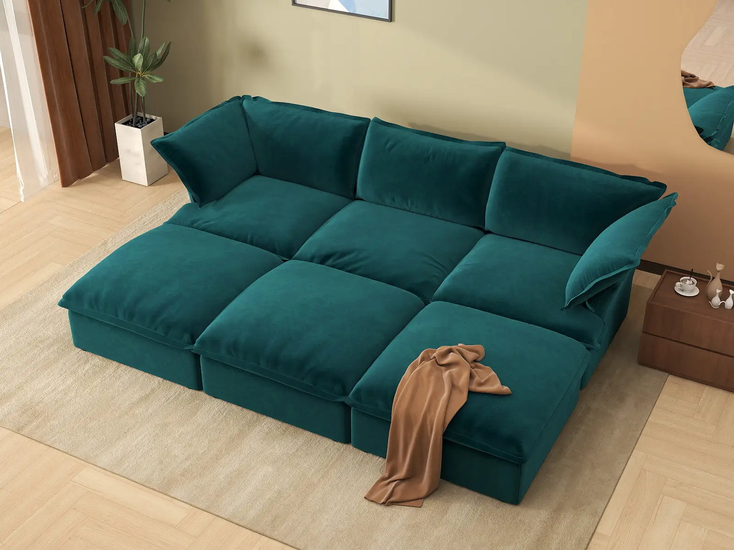 Seccional Pit de 3 plazas Deluxe Cloud Turquesa | 6 piezas (incluye 3 pufs), tapizado en tela de terciopelo, puf con almacenamiento