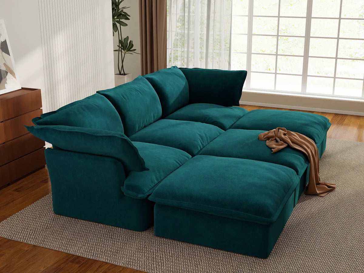 Seccional Pit de 3 plazas Deluxe Cloud Turquesa | 6 piezas (incluye 3 pufs), tapizado en tela de terciopelo, puf con almacenamiento