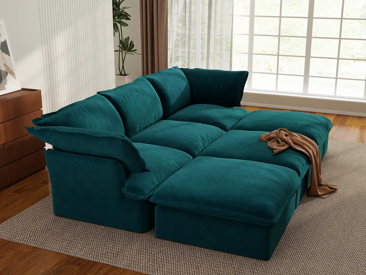 Seccional Pit de 3 plazas Deluxe Cloud Turquesa | 6 piezas (incluye 3 pufs), tapizado en tela de terciopelo, puf con almacenamiento