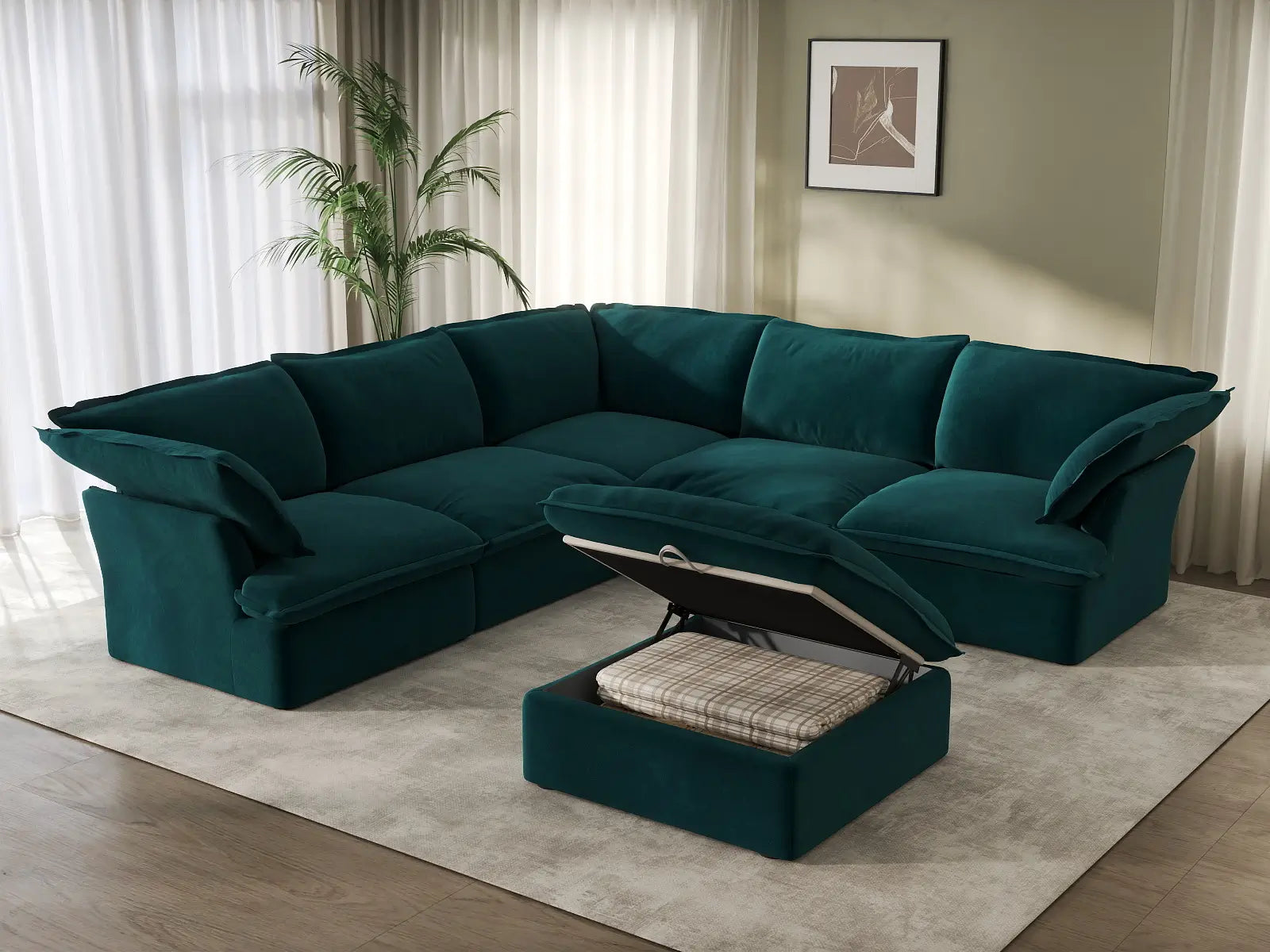 Deluxe Cloud Turquoise 5-Seater Sofa with Storage | 6-Piece (includes 1 ottoman), Velvet Fabric, Washable Covers