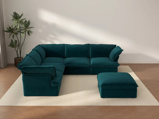 Deluxe Cloud Turquoise 5-Seater Sofa with Storage | 6-Piece (includes 1 ottoman), Velvet Fabric, Washable Covers