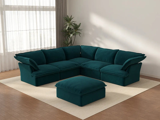 Deluxe Cloud Turquoise 5-Seater Sofa with Storage | 6-Piece (includes 1 ottoman), Velvet Fabric, Washable Covers