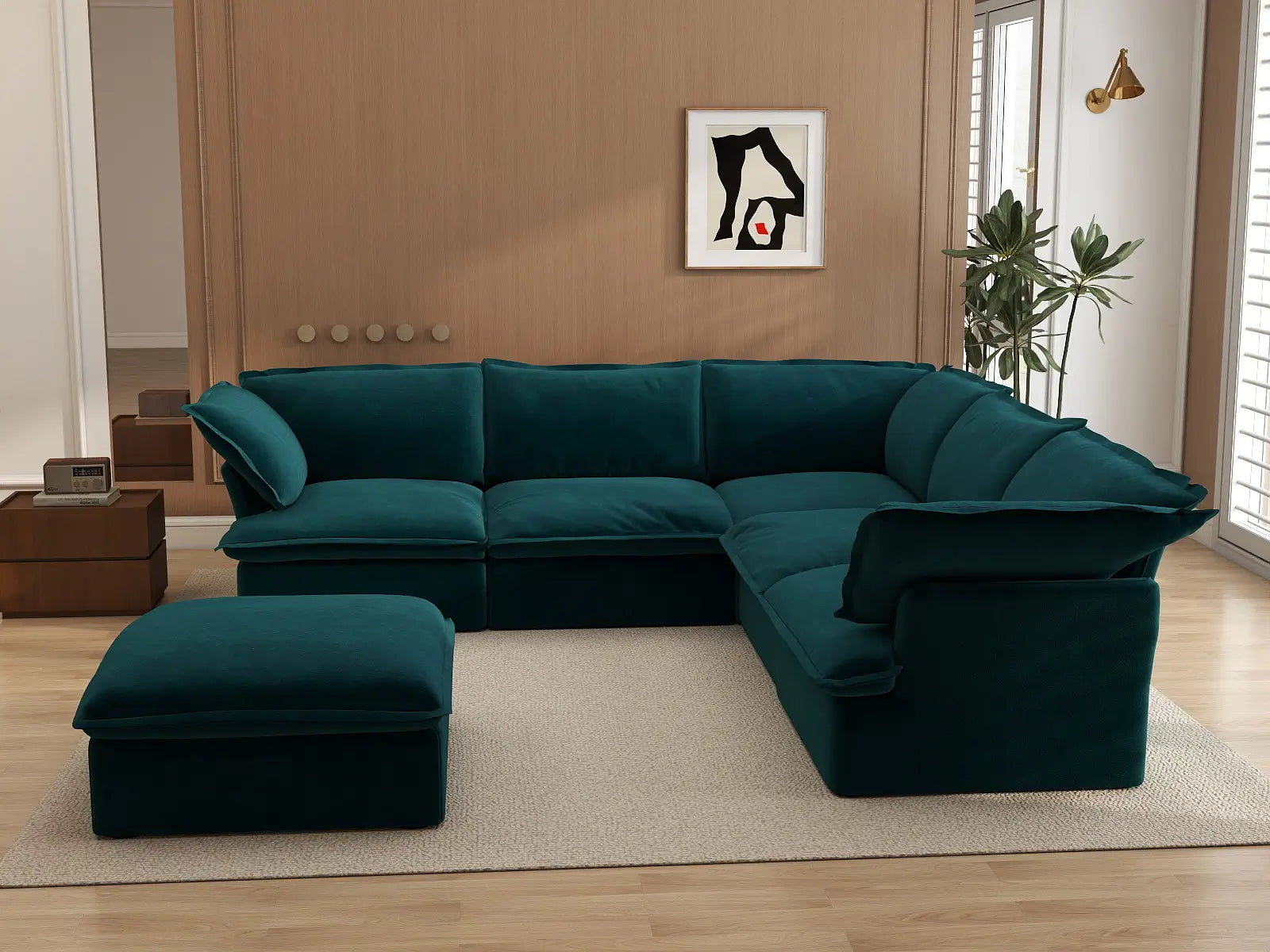Deluxe Cloud Turquoise 5-Seater Sofa with Storage | 6-Piece (includes 1 ottoman), Velvet Fabric, Washable Covers