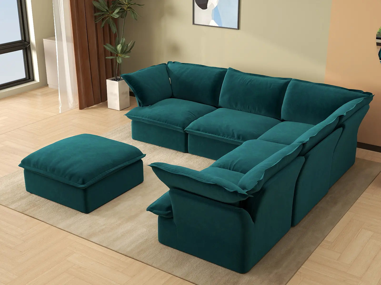 Deluxe Cloud Turquoise 5-Seater Sofa with Storage | 6-Piece (includes 1 ottoman), Velvet Fabric, Washable Covers