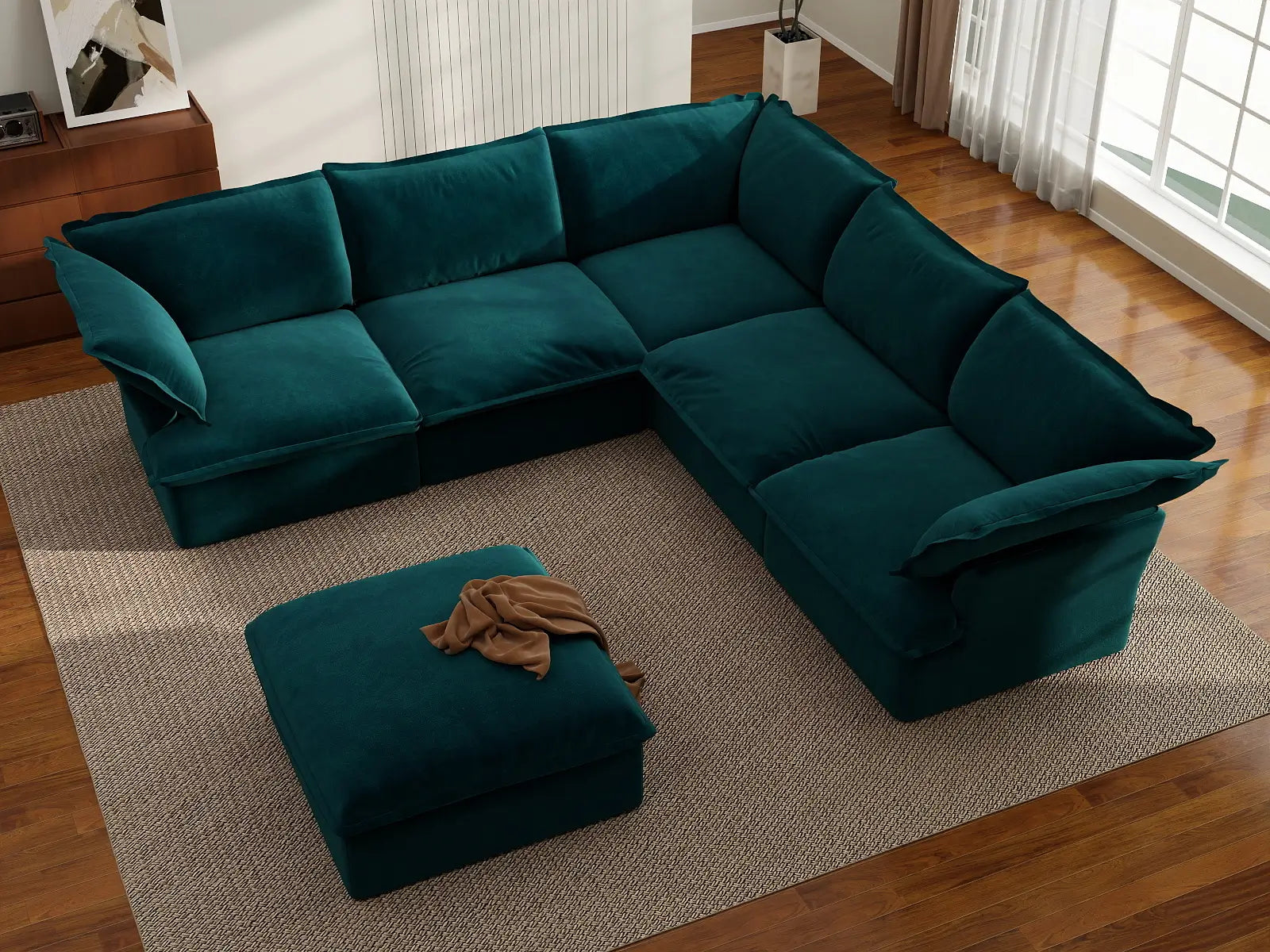 Deluxe Cloud Turquoise 5-Seater Sofa with Storage | 6-Piece (includes 1 ottoman), Velvet Fabric, Washable Covers
