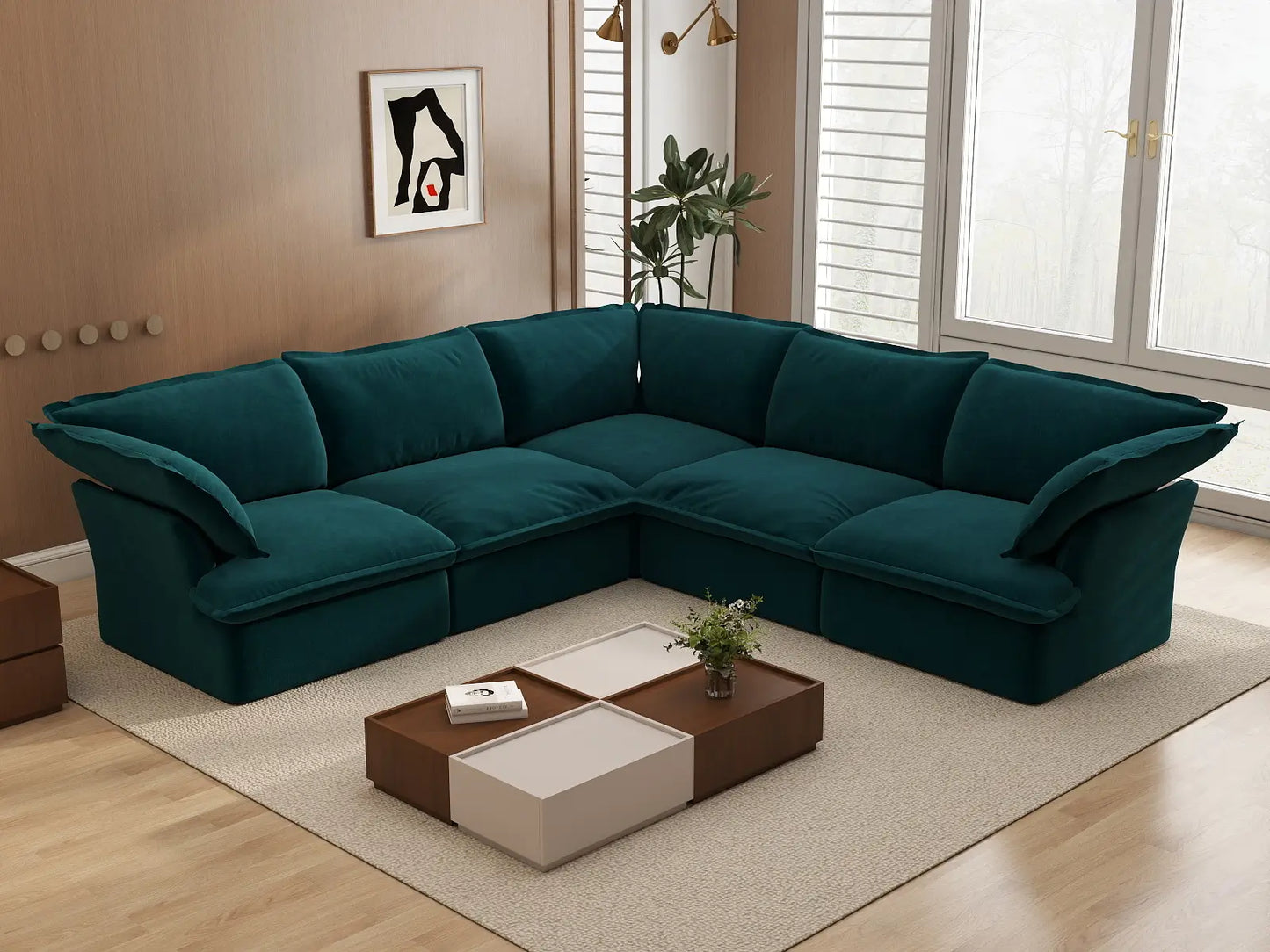 Sofá en forma de V lavable de 5 plazas Deluxe Cloud Turquesa | 5 piezas, tela de terciopelo, gran espacio