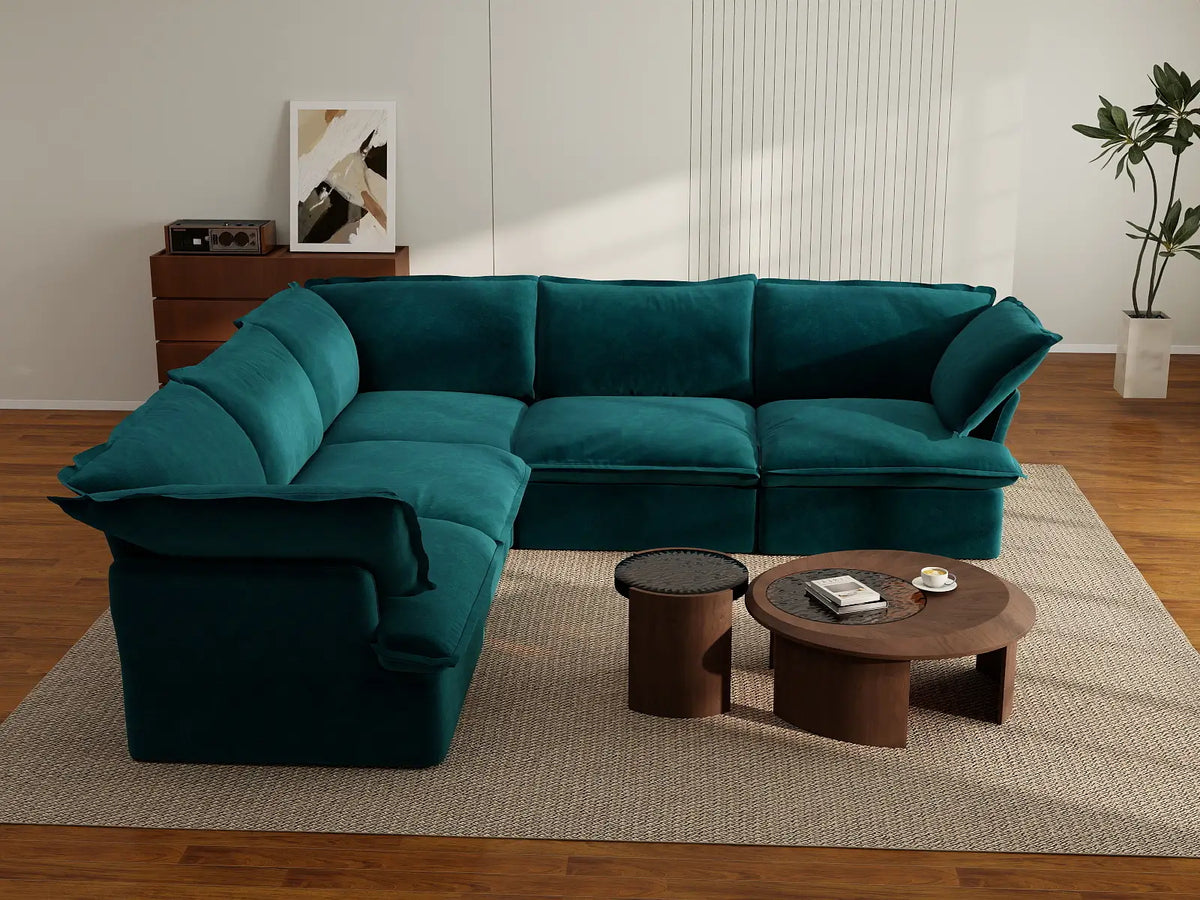 Sofá en forma de V lavable de 5 plazas Deluxe Cloud Turquesa | 5 piezas, tela de terciopelo, gran espacio