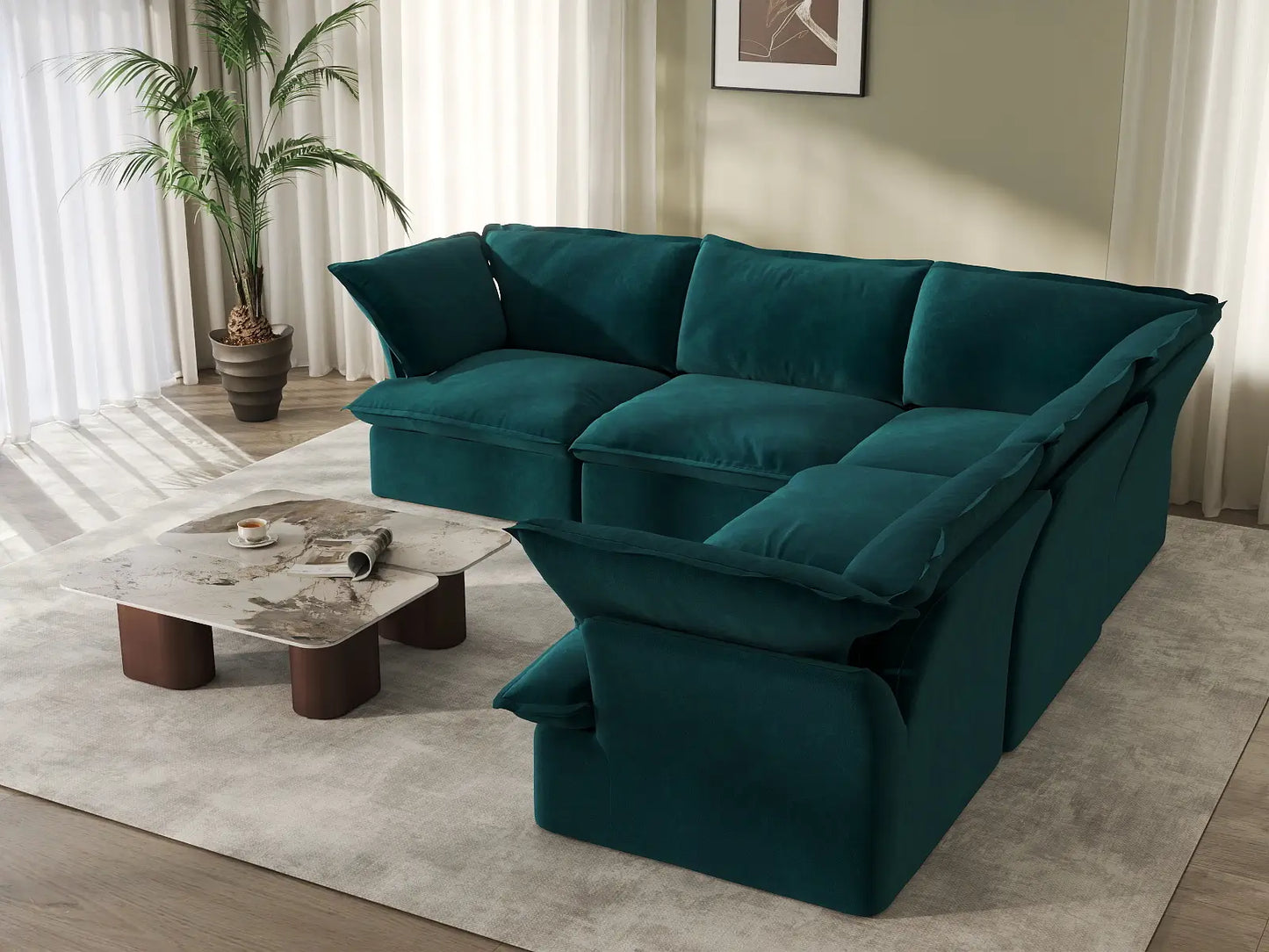 Sofá en forma de V lavable de 5 plazas Deluxe Cloud Turquesa | 5 piezas, tela de terciopelo, gran espacio