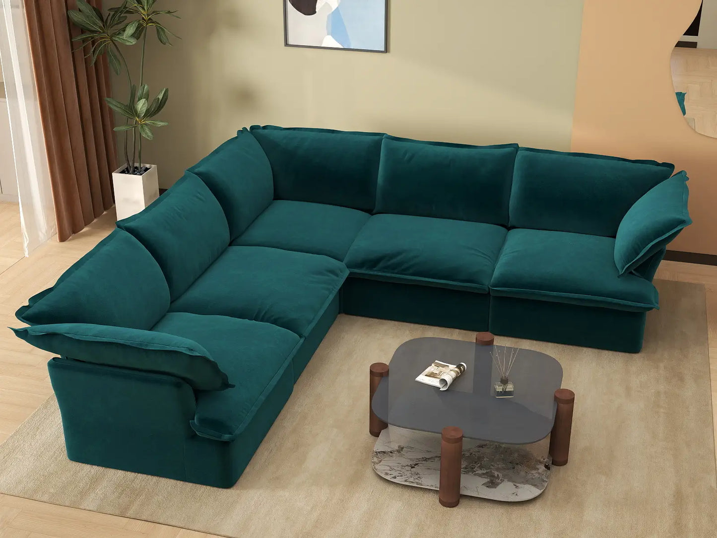 Sofá en forma de V lavable de 5 plazas Deluxe Cloud Turquesa | 5 piezas, tela de terciopelo, gran espacio