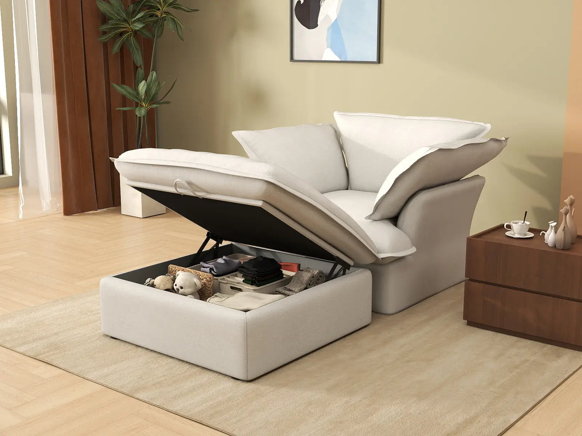 Sofá de lujo Cloud White de 1 plaza con doble reposabrazos | 2 piezas (incluye 1 otomana), tela de lino y algodón, otomana con almacenamiento