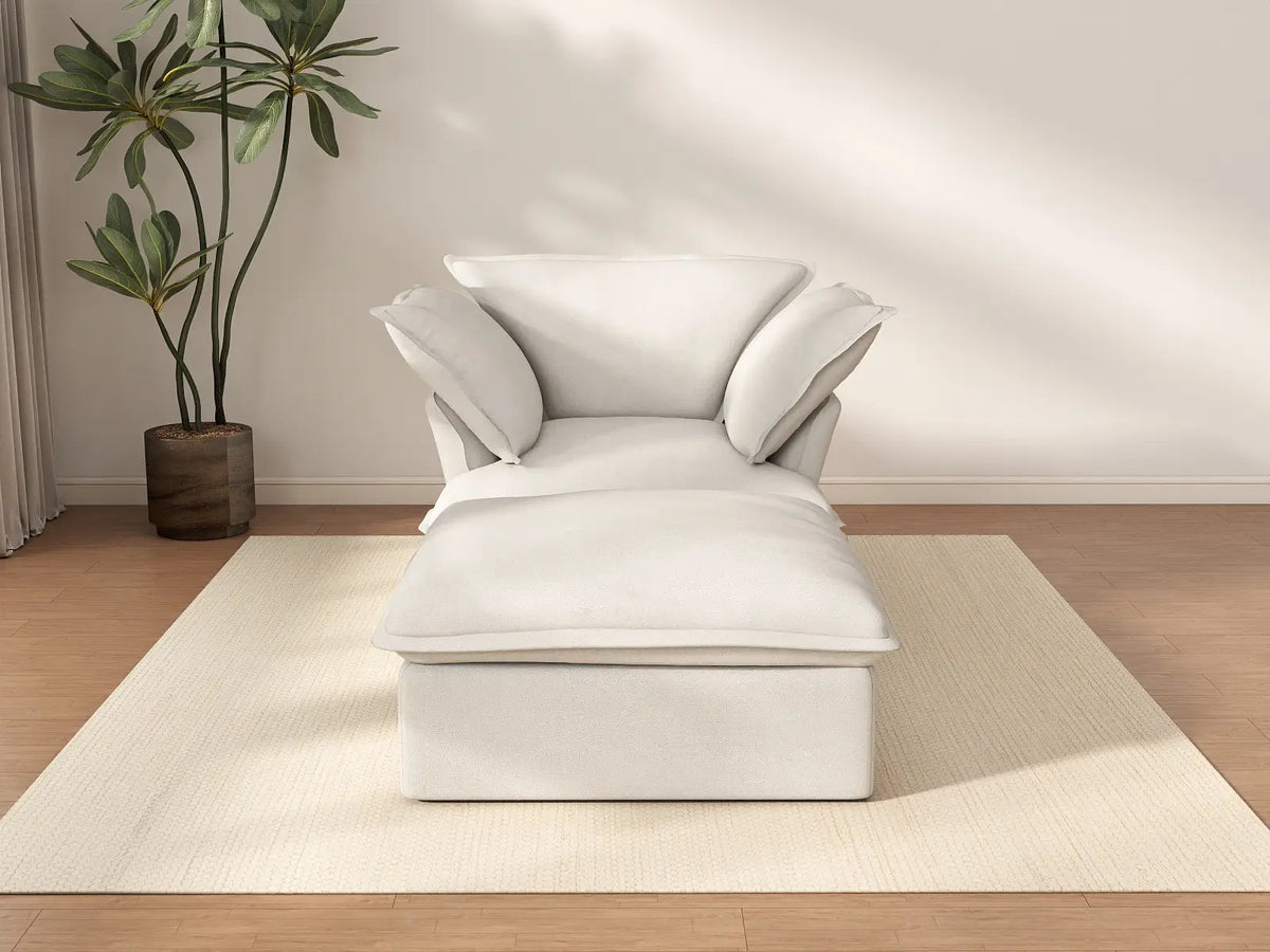 Sofá de lujo Cloud White de 1 plaza con doble reposabrazos | 2 piezas (incluye 1 otomana), tela de lino y algodón, otomana con almacenamiento