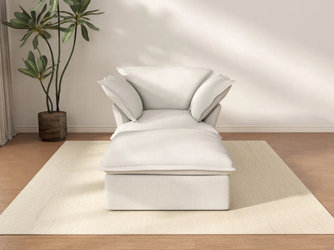 Deluxe Cloud White 1-Seater Dual-Armrest Sofa | 2-Piece (includes 1 ottoman), Linen and Cotton Fabric, Storage Ottoman