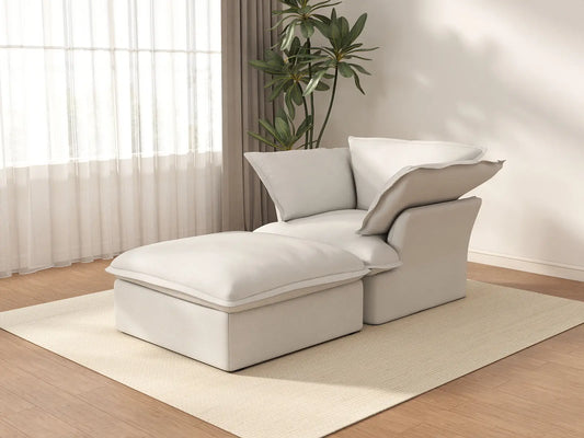 Deluxe Cloud White 1-Seater Dual-Armrest Sofa | 2-Piece (includes 1 ottoman), Linen and Cotton Fabric, Storage Ottoman