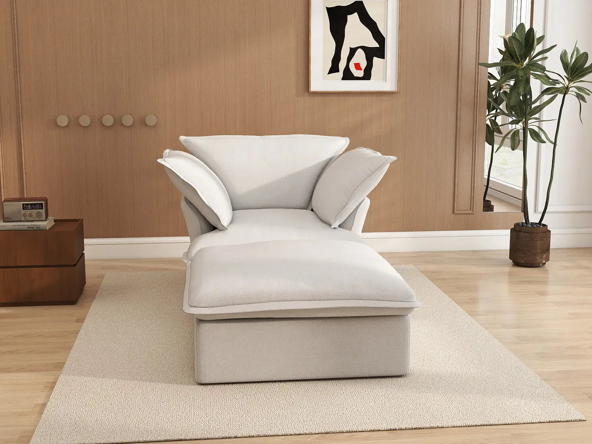 Sofá de lujo Cloud White de 1 plaza con doble reposabrazos | 2 piezas (incluye 1 otomana), tela de lino y algodón, otomana con almacenamiento