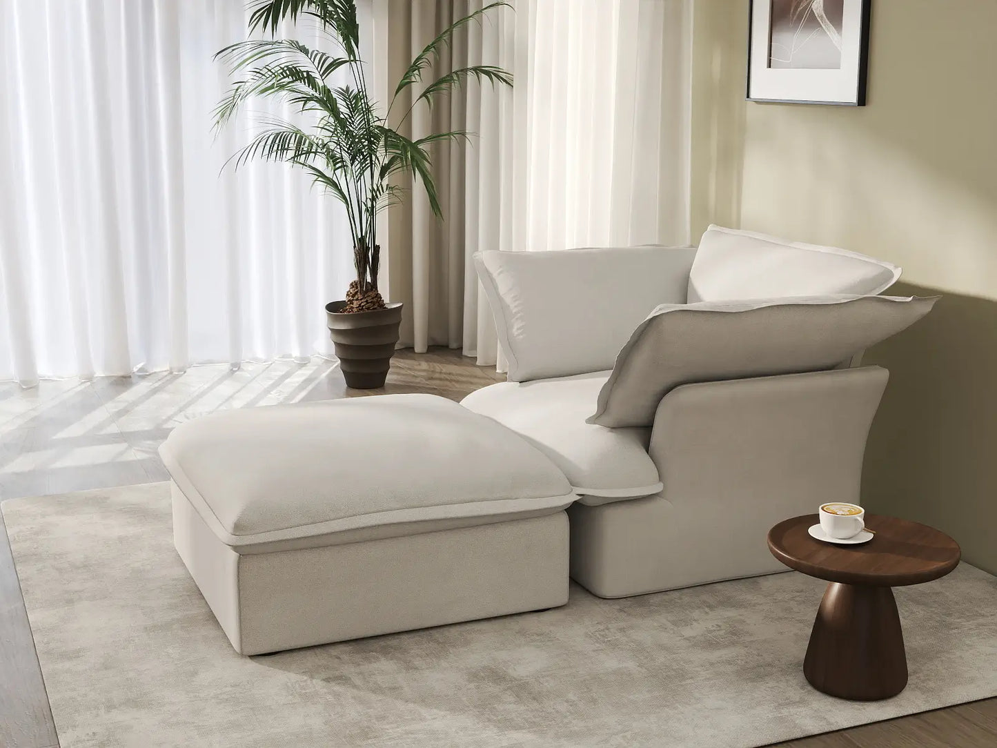Sofá de lujo Cloud White de 1 plaza con doble reposabrazos | 2 piezas (incluye 1 otomana), tela de lino y algodón, otomana con almacenamiento