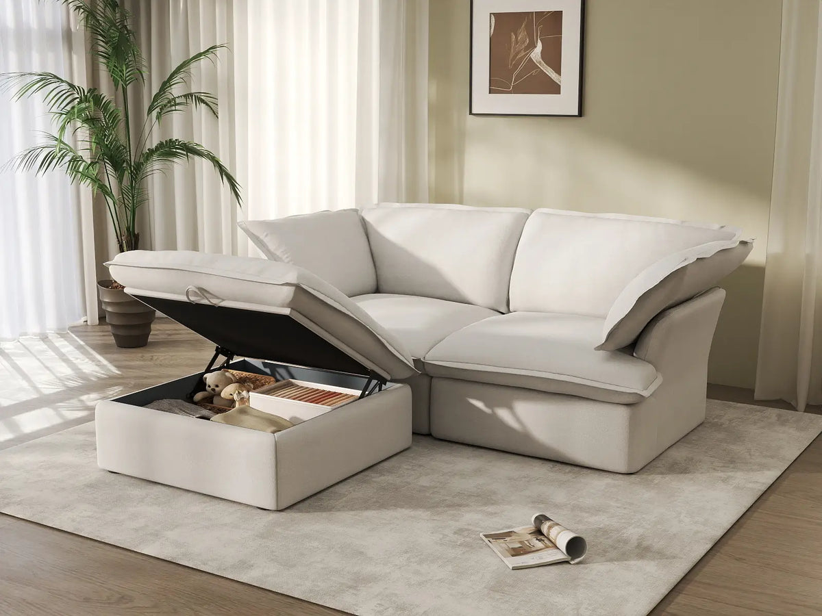 Deluxe Cloud White 2-Seater Chaise Sectional Small Space | 3-Piece (includes 1 ottoman), Linen and Cotton Fabric, Storage Ottoman