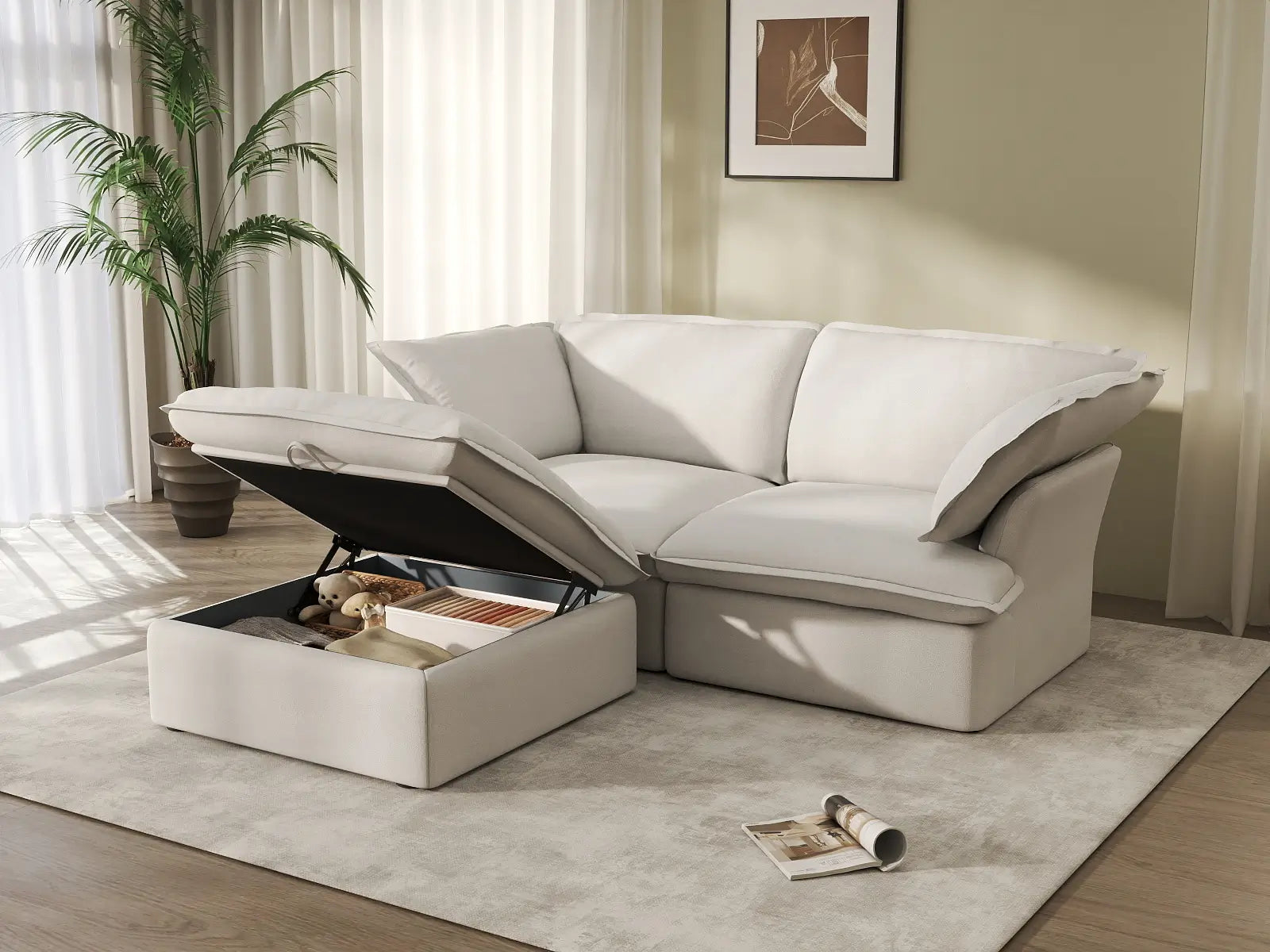 Deluxe Cloud White 2-Seater Chaise Sectional Small Space | 3-Piece (includes 1 ottoman), Linen and Cotton Fabric, Storage Ottoman