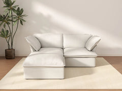 Deluxe Cloud White 2-Seater Chaise Sectional Small Space | 3-Piece (includes 1 ottoman), Linen and Cotton Fabric, Storage Ottoman