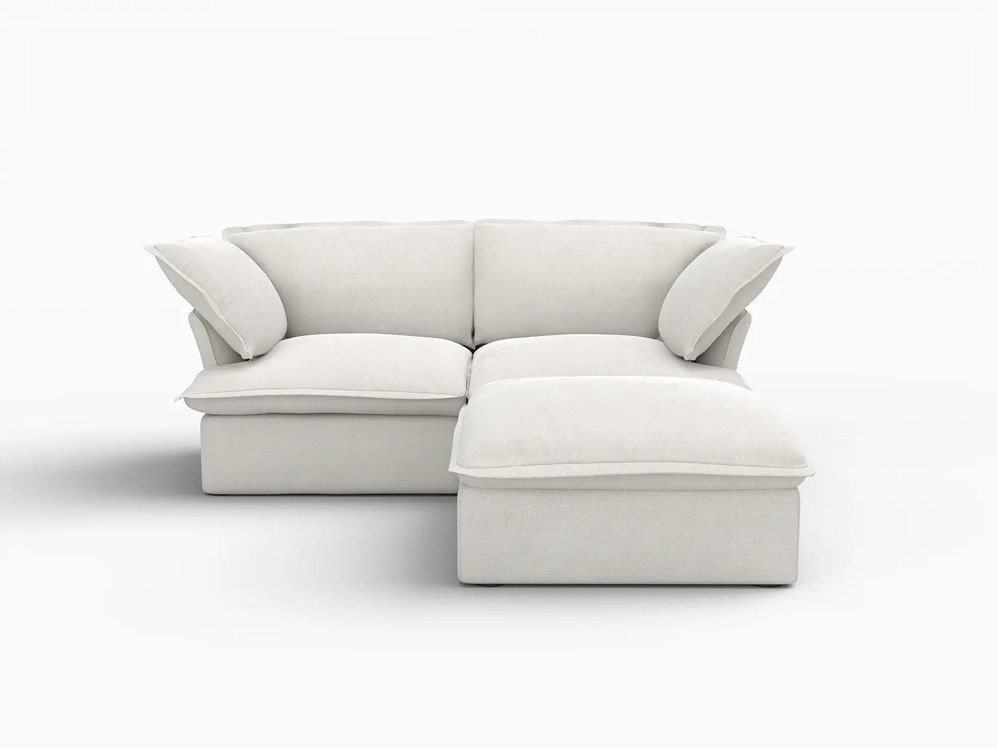 Deluxe Cloud White 2-Seater Chaise Sectional Small Space | 3-Piece (includes 1 ottoman), Linen and Cotton Fabric, Storage Ottoman