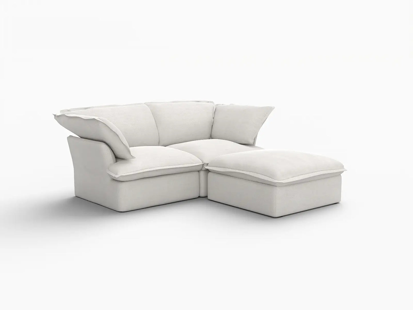 Deluxe Cloud White 2-Seater Chaise Sectional Small Space | 3-Piece (includes 1 ottoman), Linen and Cotton Fabric, Storage Ottoman