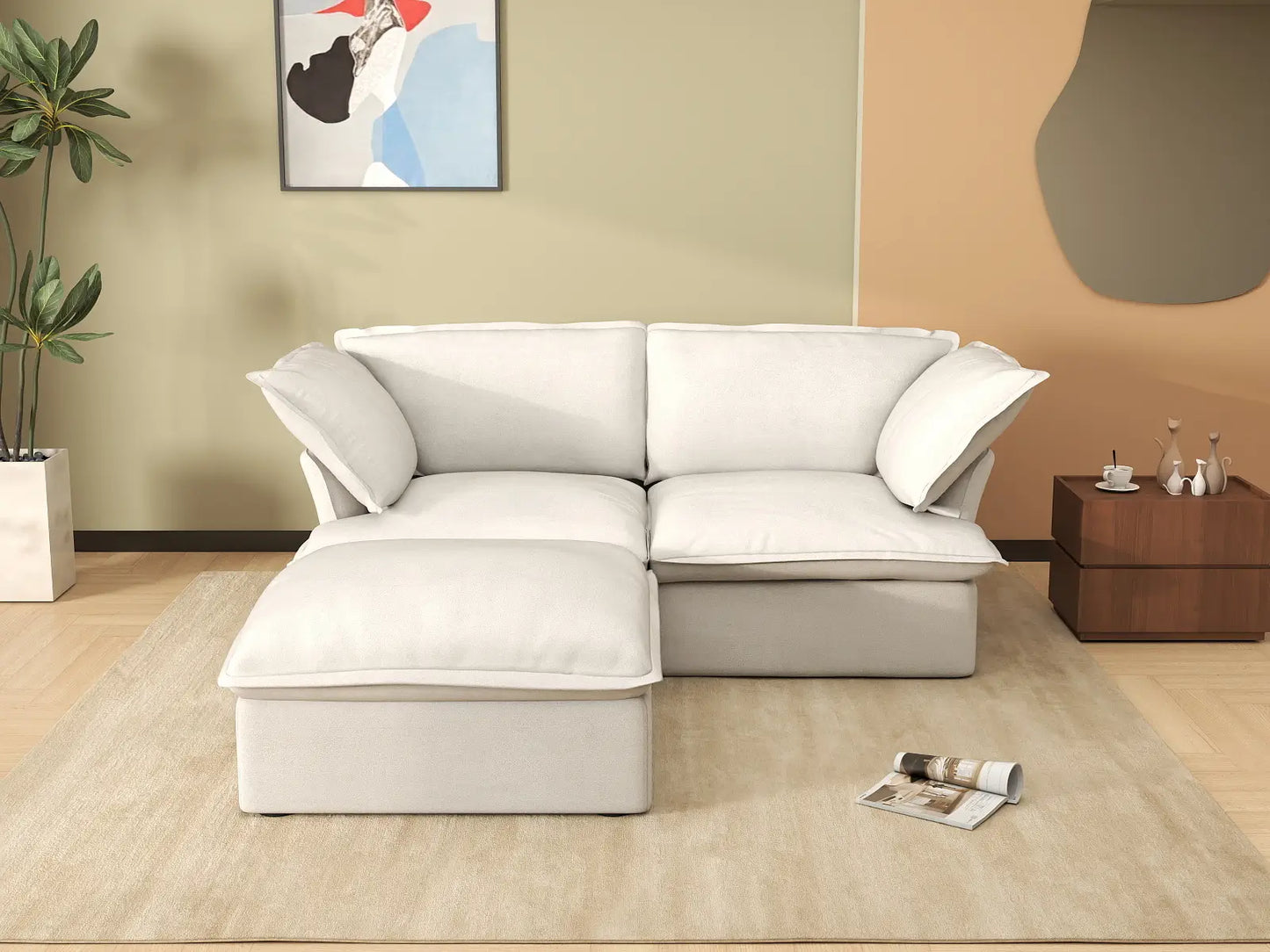 Deluxe Cloud White 2-Seater Chaise Sectional Small Space | 3-Piece (includes 1 ottoman), Linen and Cotton Fabric, Storage Ottoman