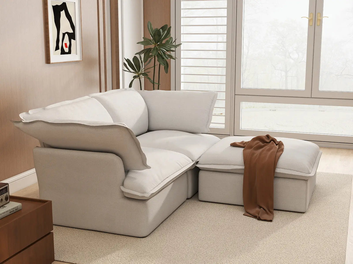 Deluxe Cloud White 2-Seater Chaise Sectional Small Space | 3-Piece (includes 1 ottoman), Linen and Cotton Fabric, Storage Ottoman